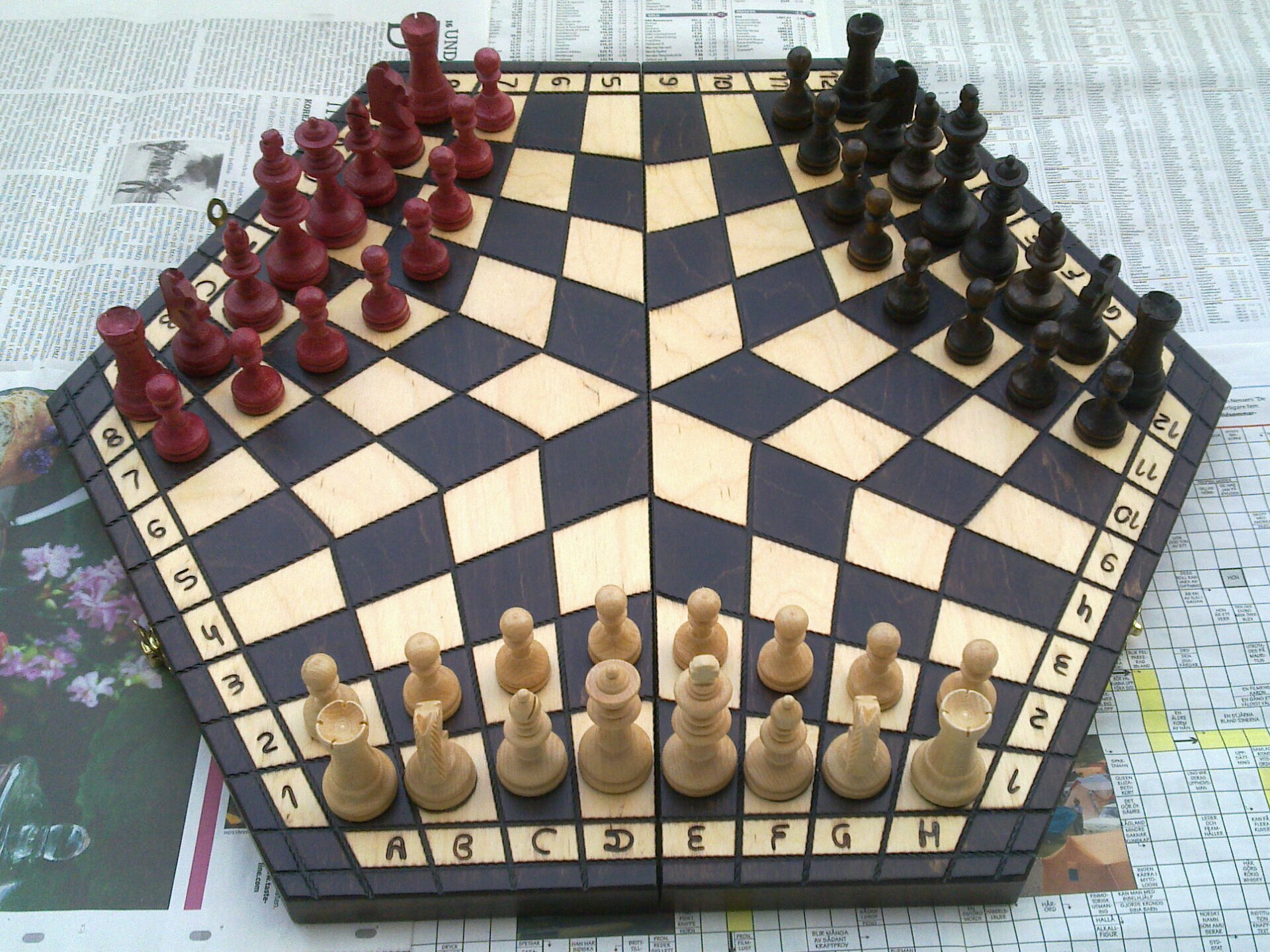 Three player chess game with hexagonal board.